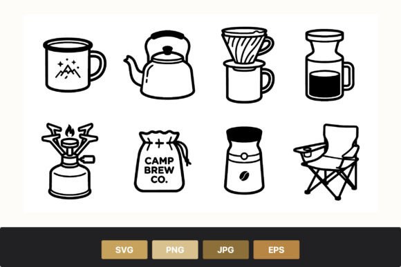 Camping Coffee Icons Set: Black White Illustrations & Graphics