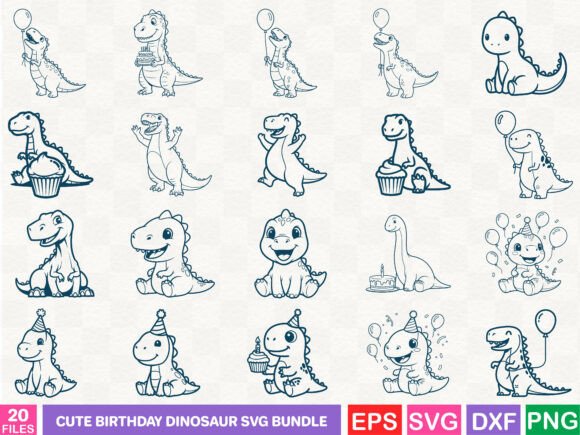 Cute Birthday Dinosaur SVG Bundle: Graphics & Illustrations