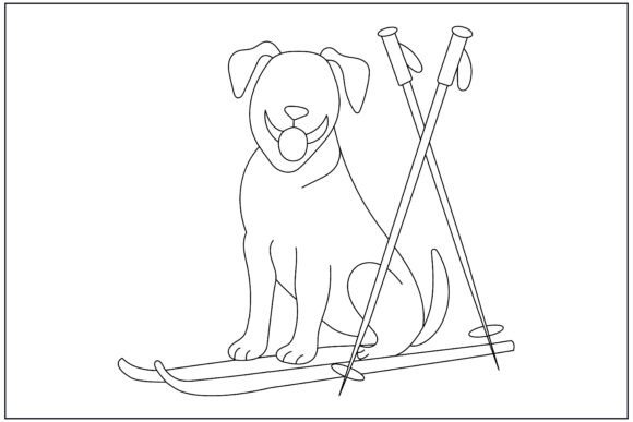 Dog Sitting Crossed Skis Line Art: Clean Graphics & Illustrations