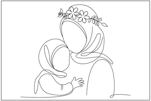 Hijabi Mother Child Floral Line Art Graphics Review